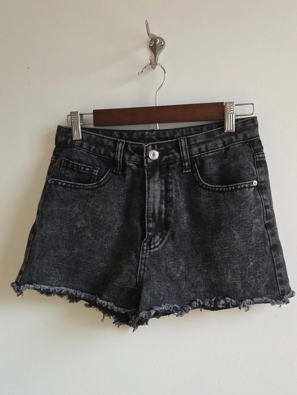SHEIN Washed Black High-Rise Denim Shorts with Frayed Hem